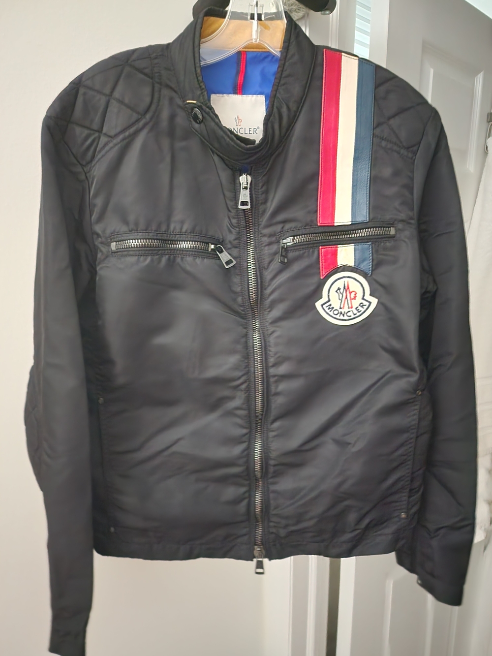 Moncler Black Nylon Jacket with Red White Blue Stripe
